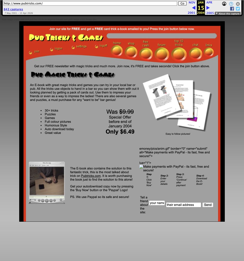 Archived PubTricks website design from 2004