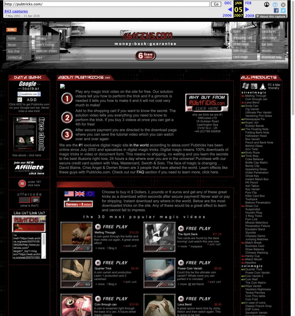 Archived PubTricks website design from 2007